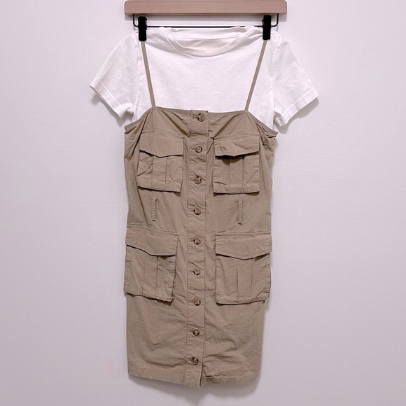 URBAN REVIVO Cargo Khaki 2 in 1 T Shirt Mini Dress Size US 4 - Picture 2 of 8